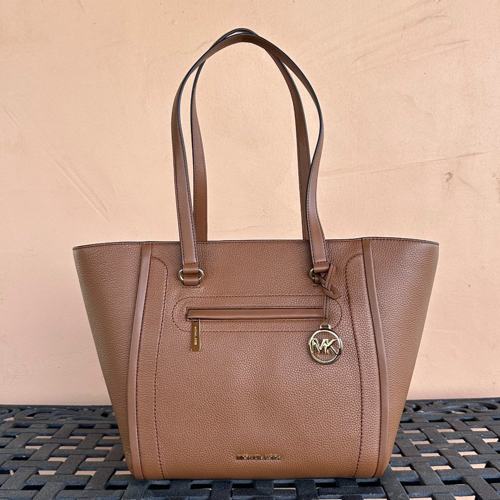 Michael Kors Carine Large Front Pocket Zip Shoulder Tote Leather Bag Brown